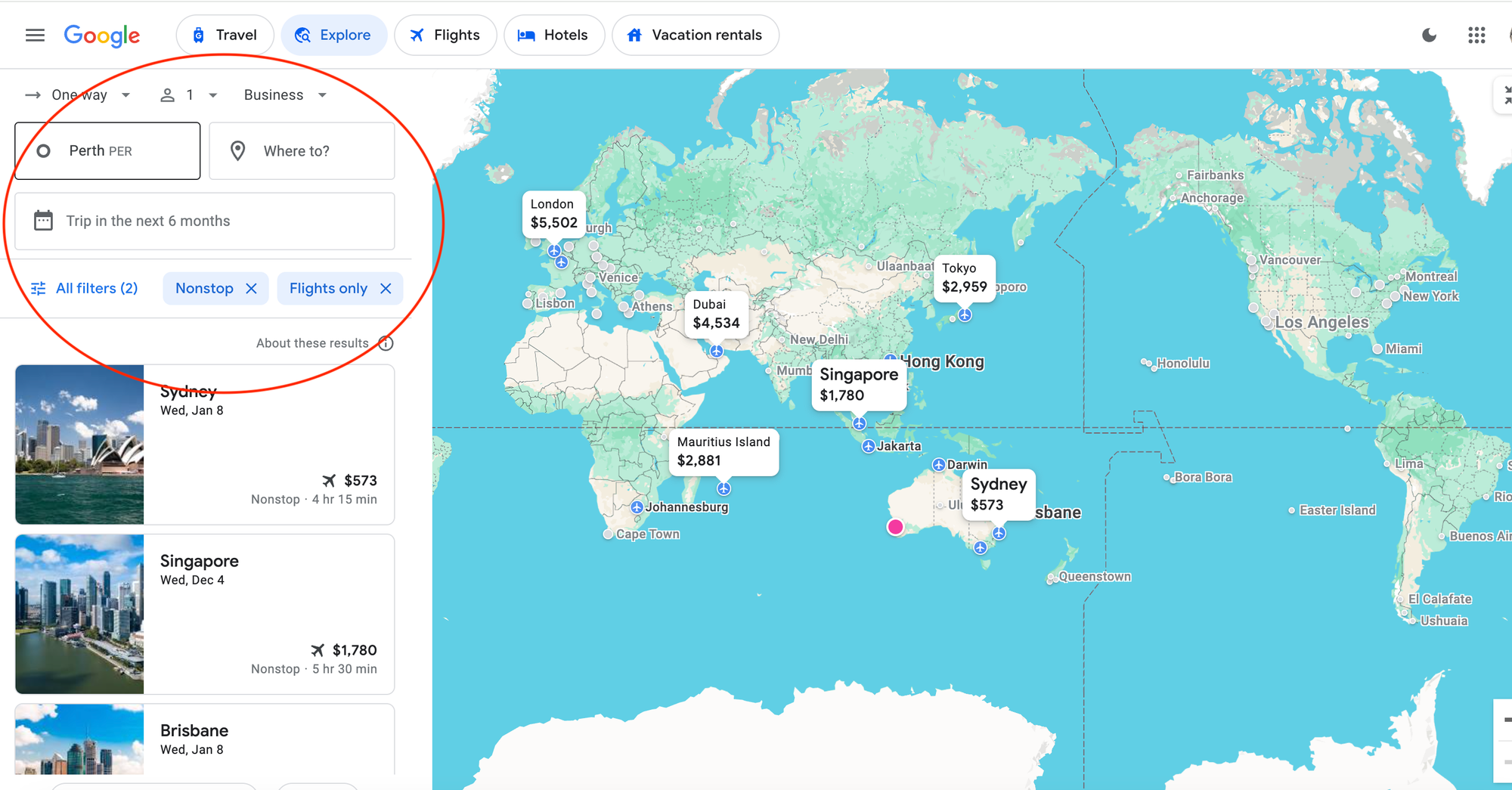 Google Flight explore search results for Perth filtering for business class, nonstop and flight only