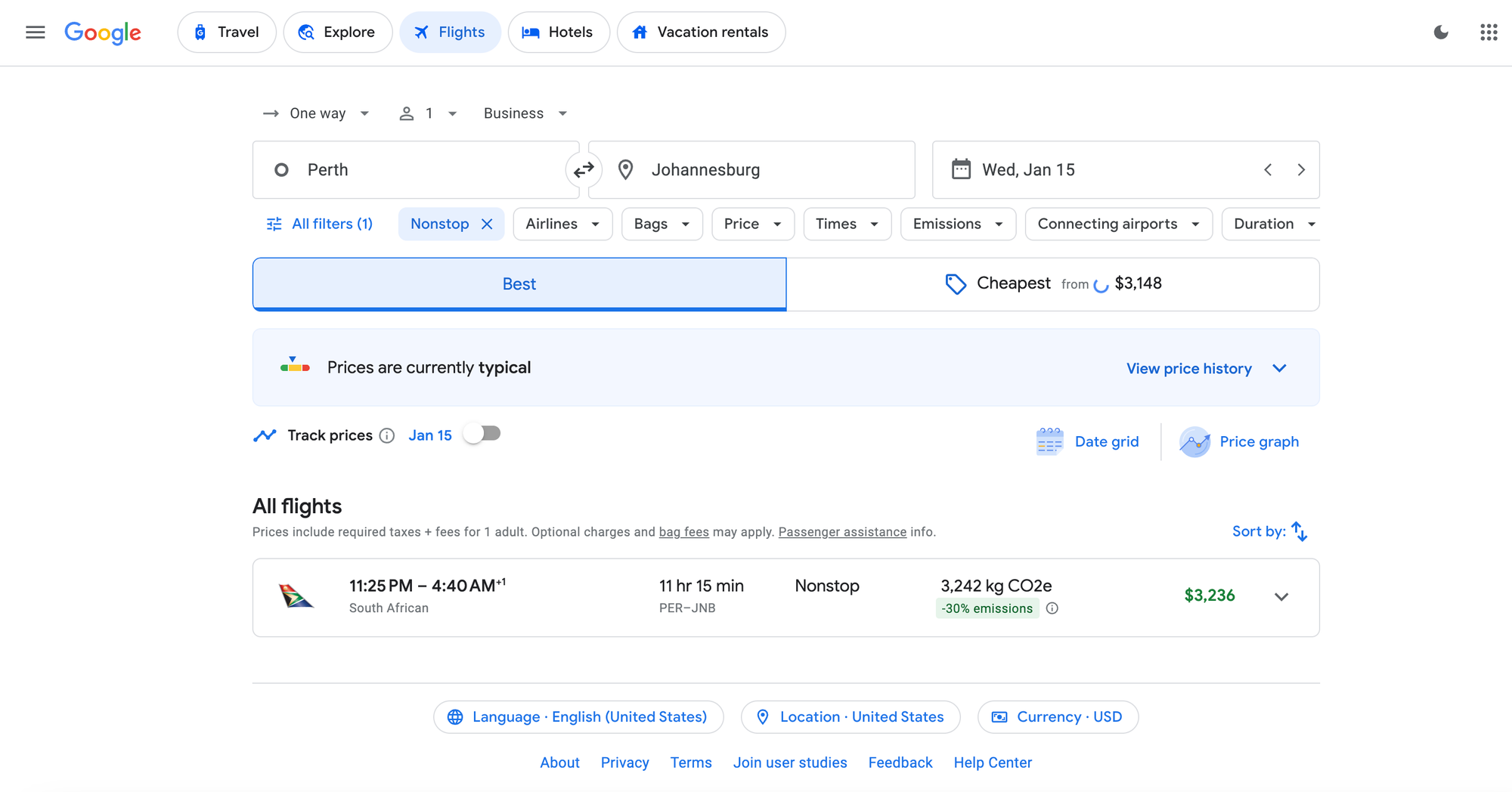 Google flights pricing of Perth to Johannesburg routes