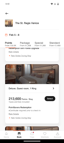 Screenshot of points redemption cost at St. Regis Venice