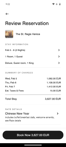 Screenshot of cash rates at St. Regis Venice