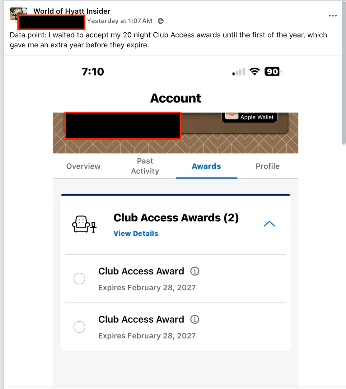 Screenshot of Hyatt Club Access Award certificates