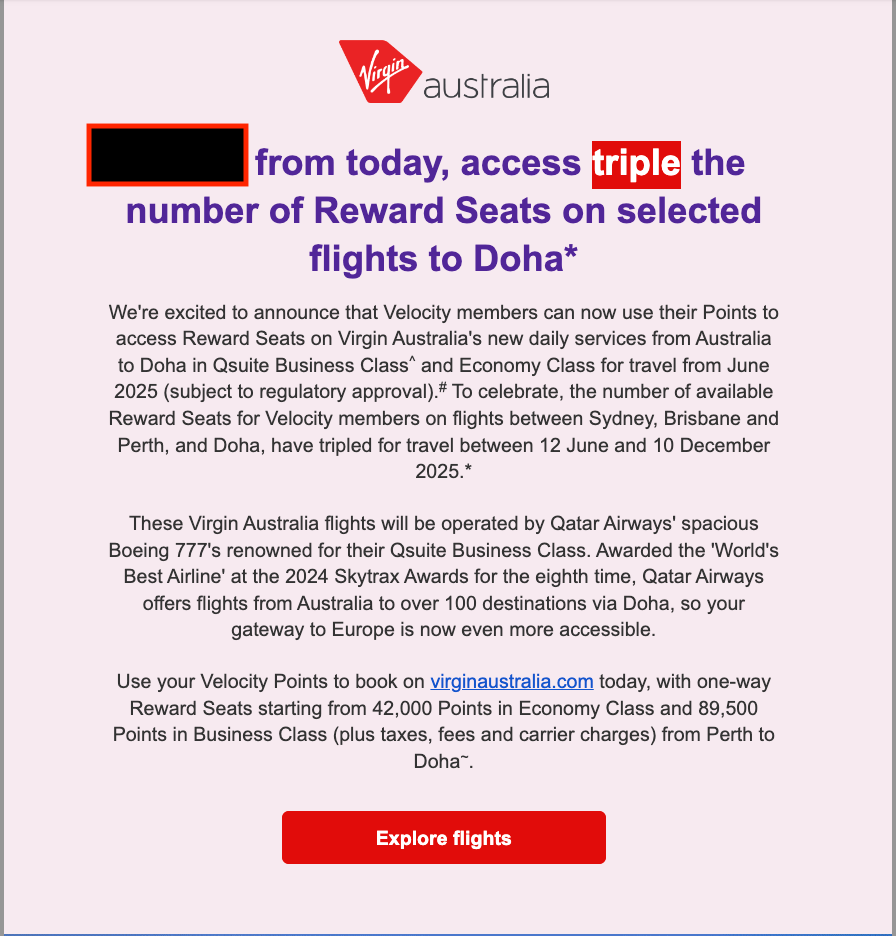 Velocity Frequent Flier Program now has 3X award space for Qatar - Source: Virgin Australia