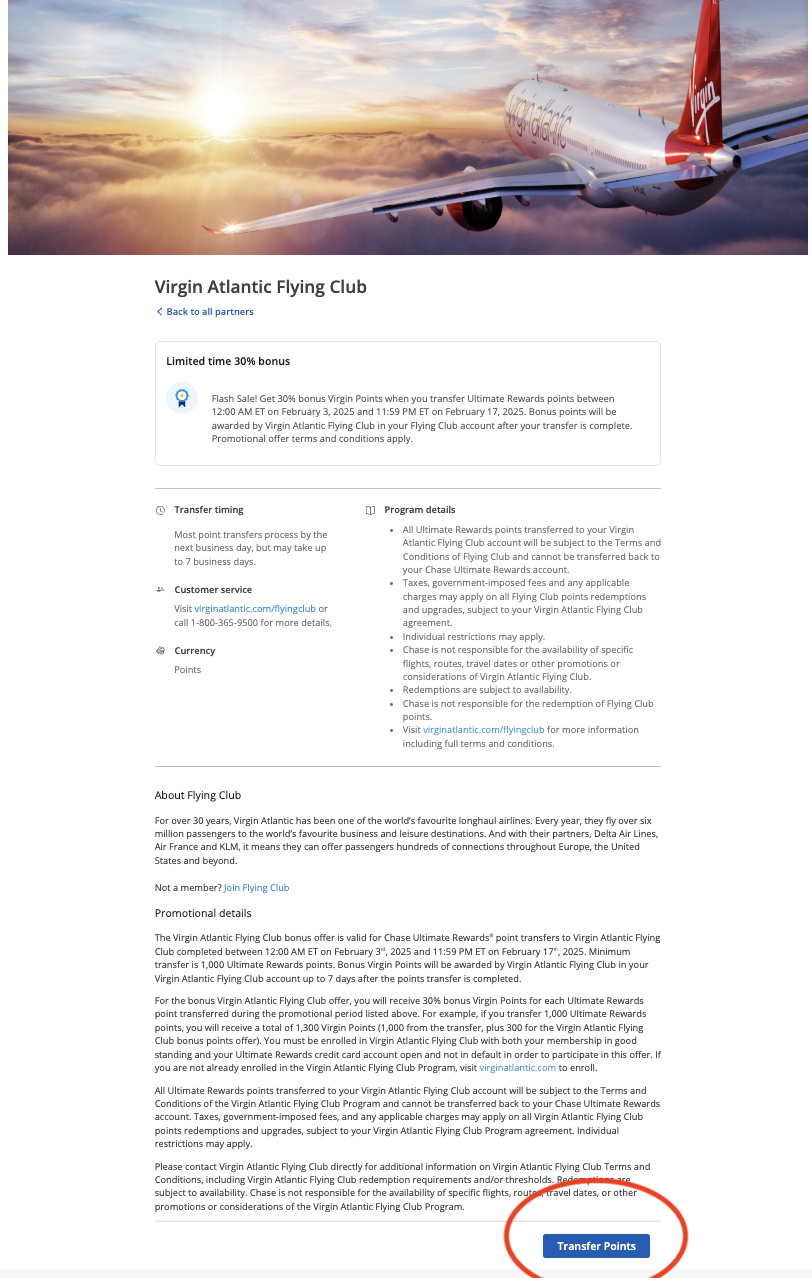Transferring points to Virgin Atlantic - Source: Chase.com