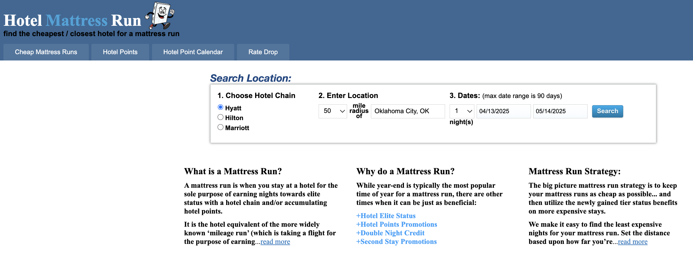 Hotel Mattress Run search - Source: PointsCalendar