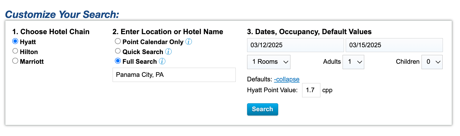 Search parameters - Source: PointsCalendar