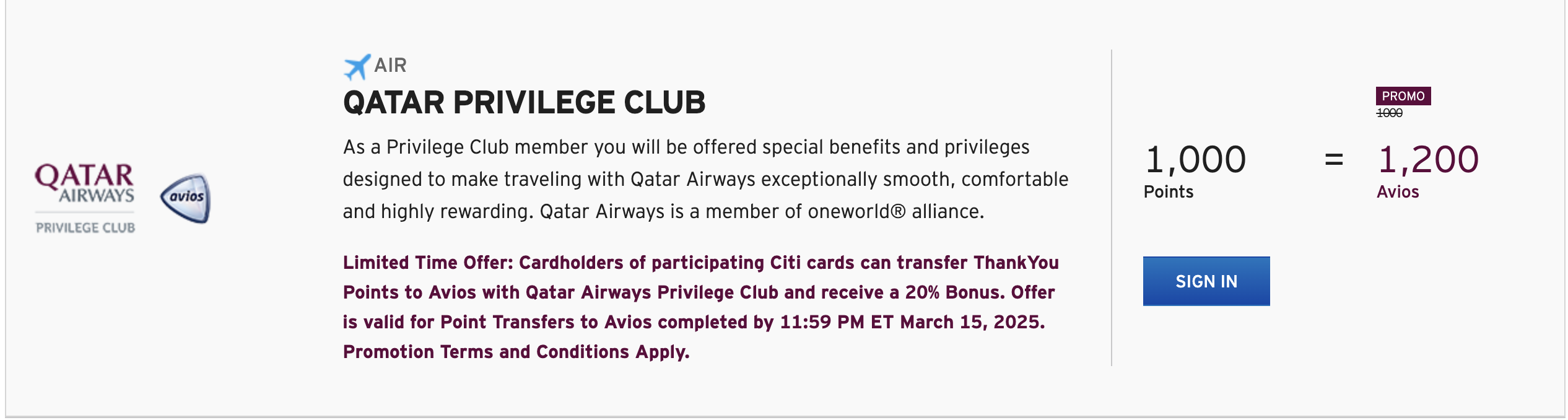 Current transfer bonus between Citi and Qatar - Source: Citi