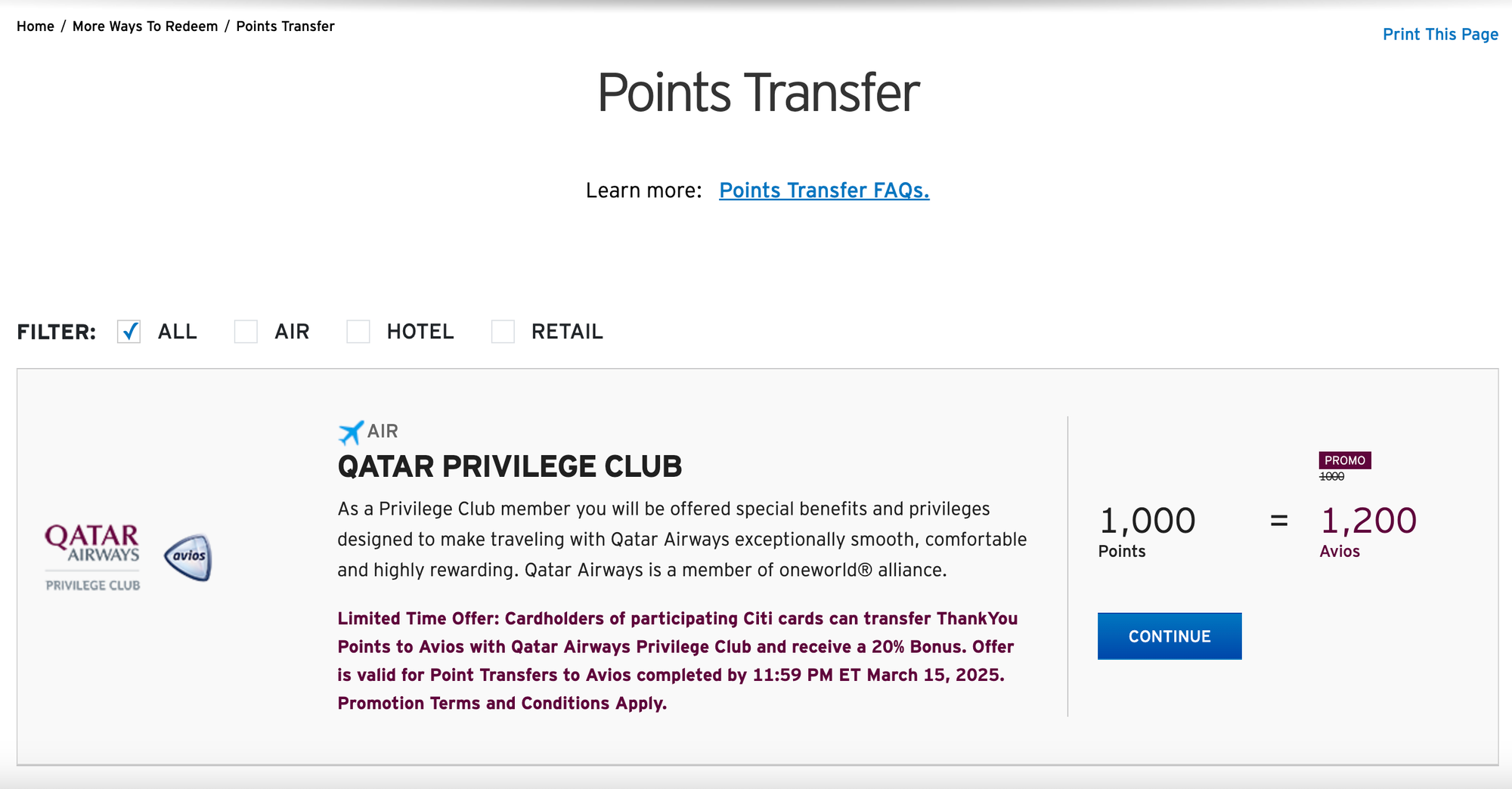 Transferring ThankYou points to Qatar Airways - Source: thankyou.com