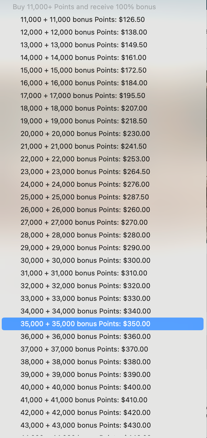 Select the amount of points you want to purchase - Source: IHG