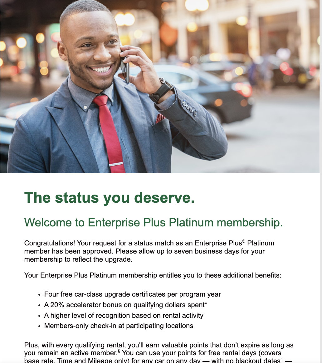 My confirmed status match and Enterprise Plus benefits - Source: You Are Travel