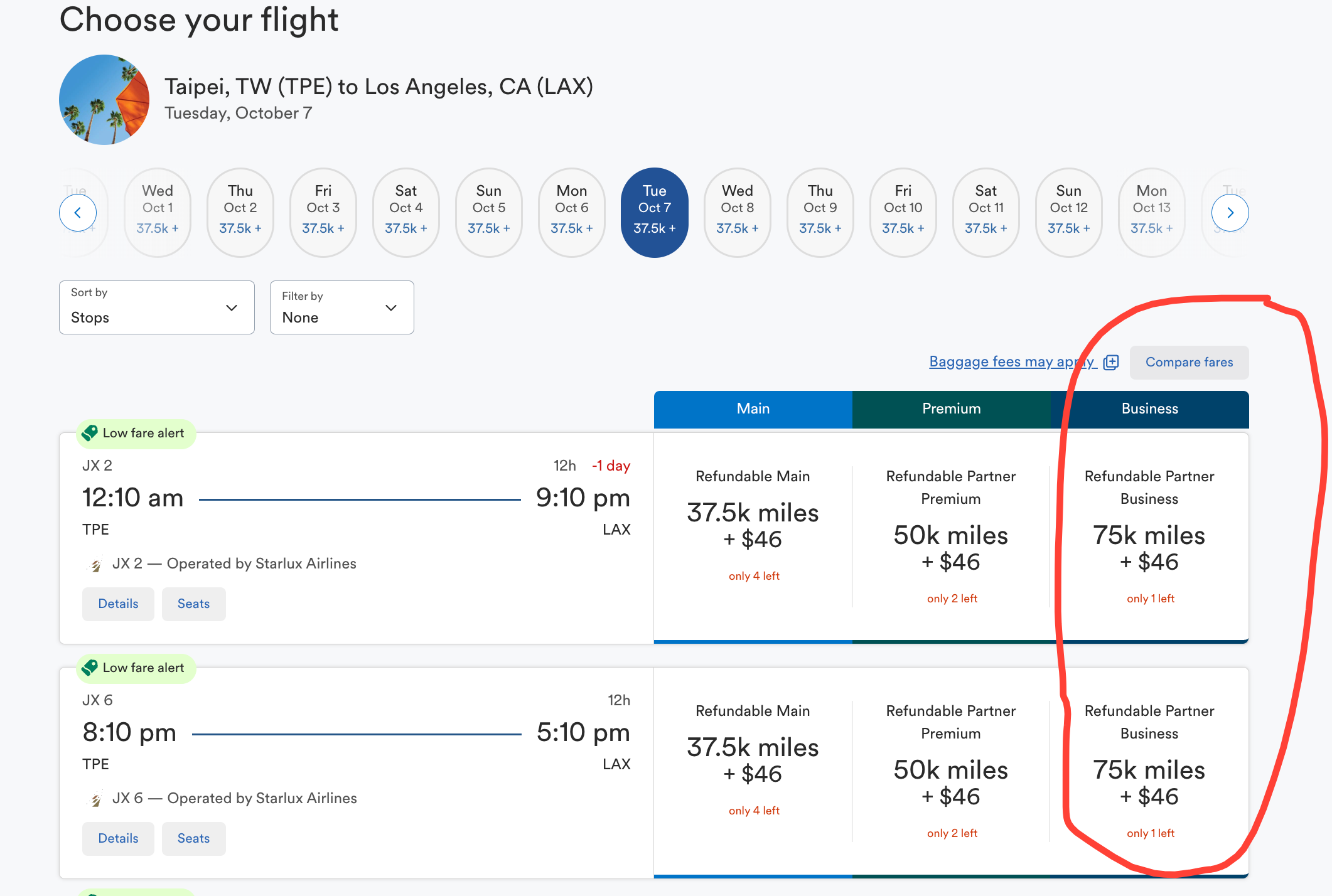 Sample Starlux business availability on fall dates - Source: Alaska Airlines