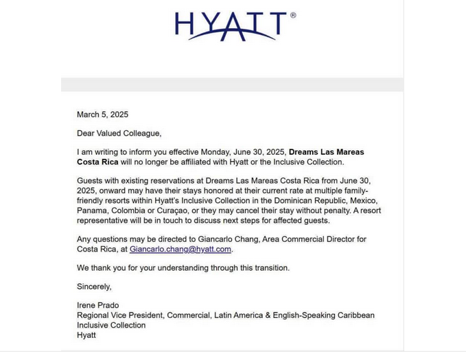 Letter from Hyatt VP - Source: Reddit