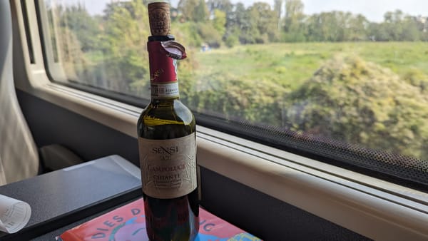 Photo of a wine bottle in front of a window on a train