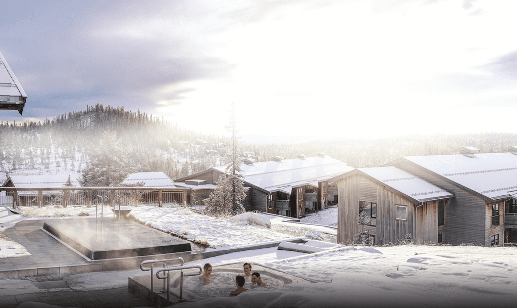 a group of people in a hot tub in the snow