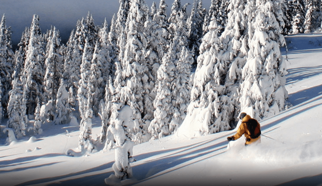 a person skiing down a snowy mountain