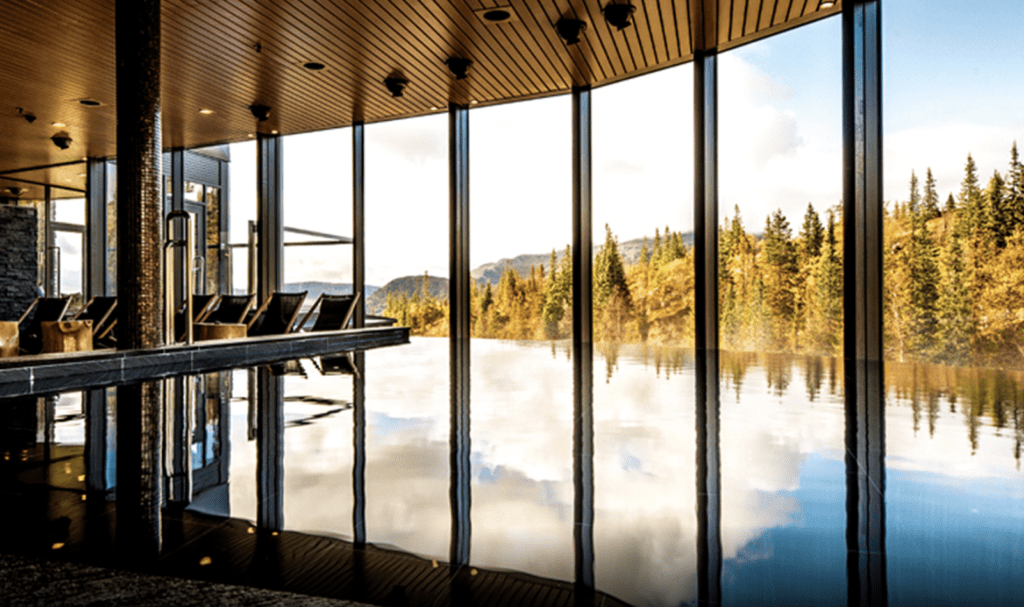 a pool with a view of a forest and mountains