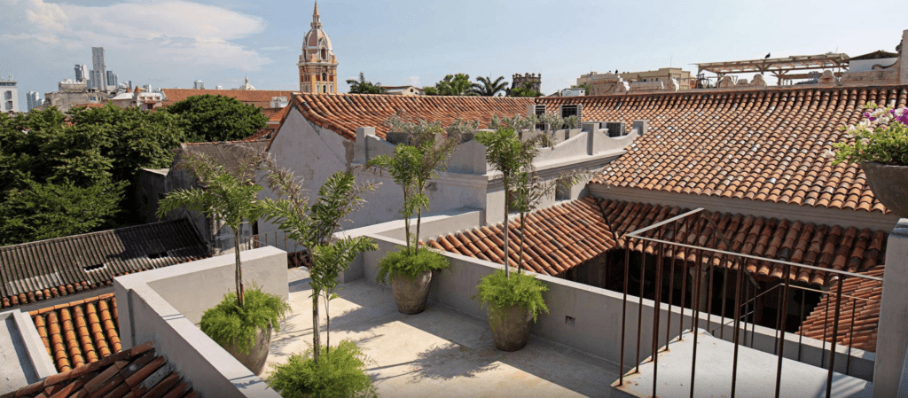a rooftop of a building with potted plants