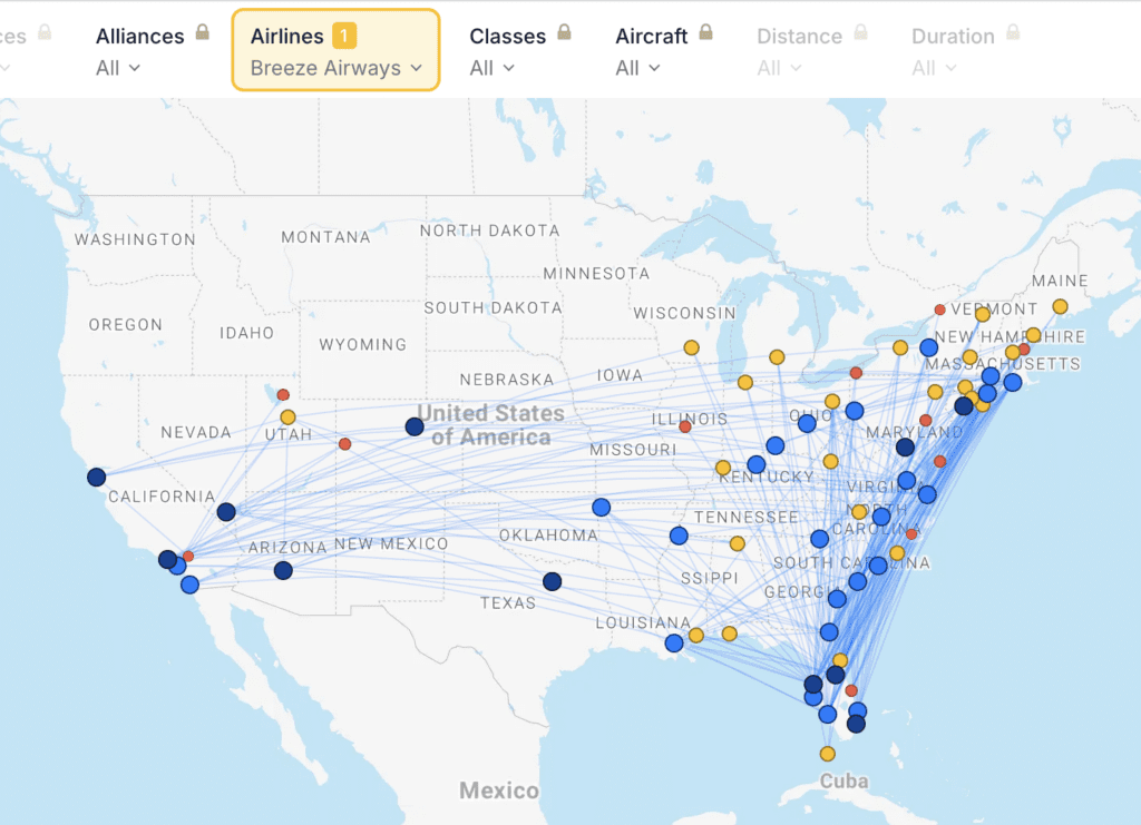 a map of the united states with points and lines