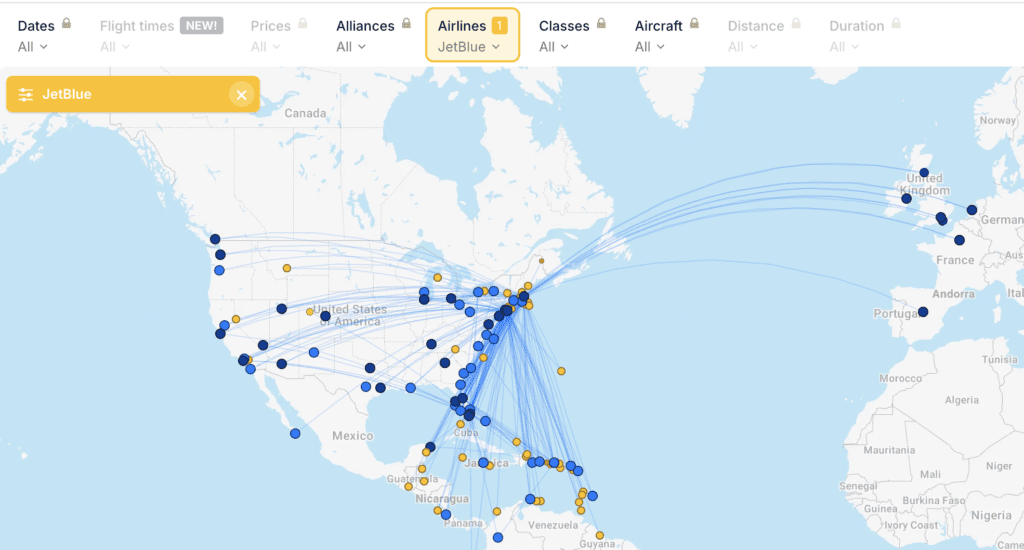 a map of the united states with points and lines