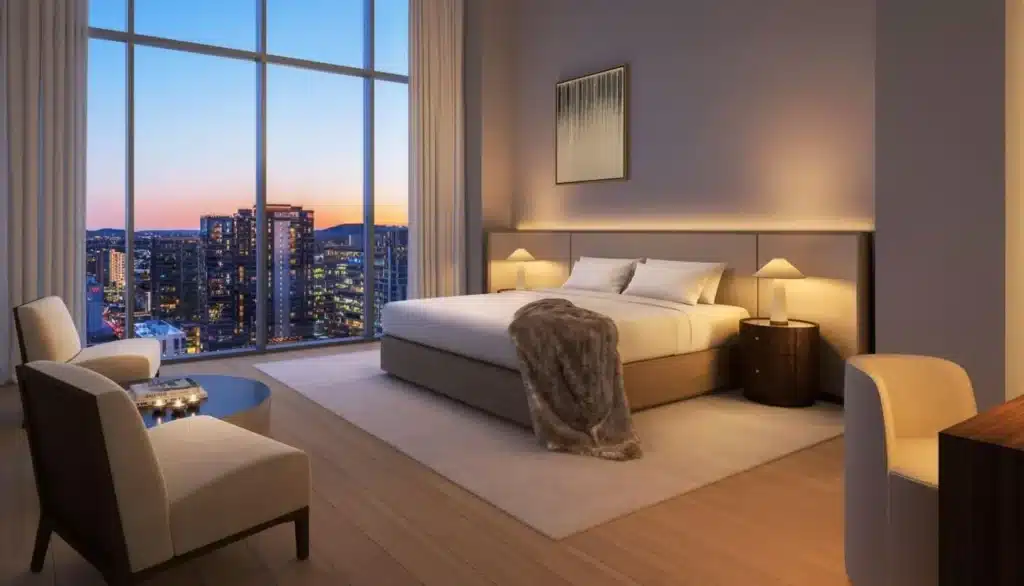 a bedroom with a large window and a bed