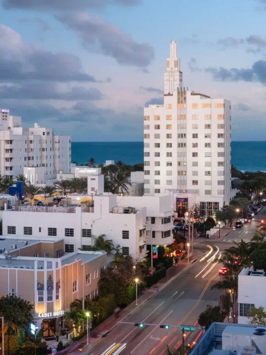 a city with many white buildings and trees