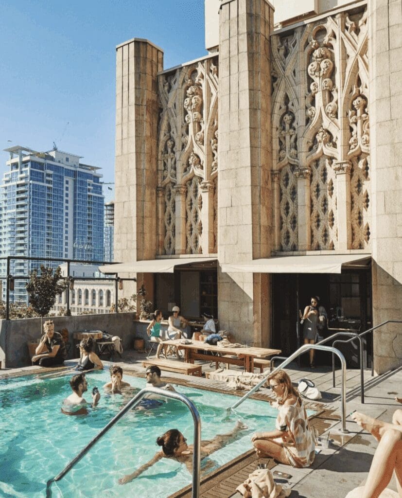 a group of people in a pool