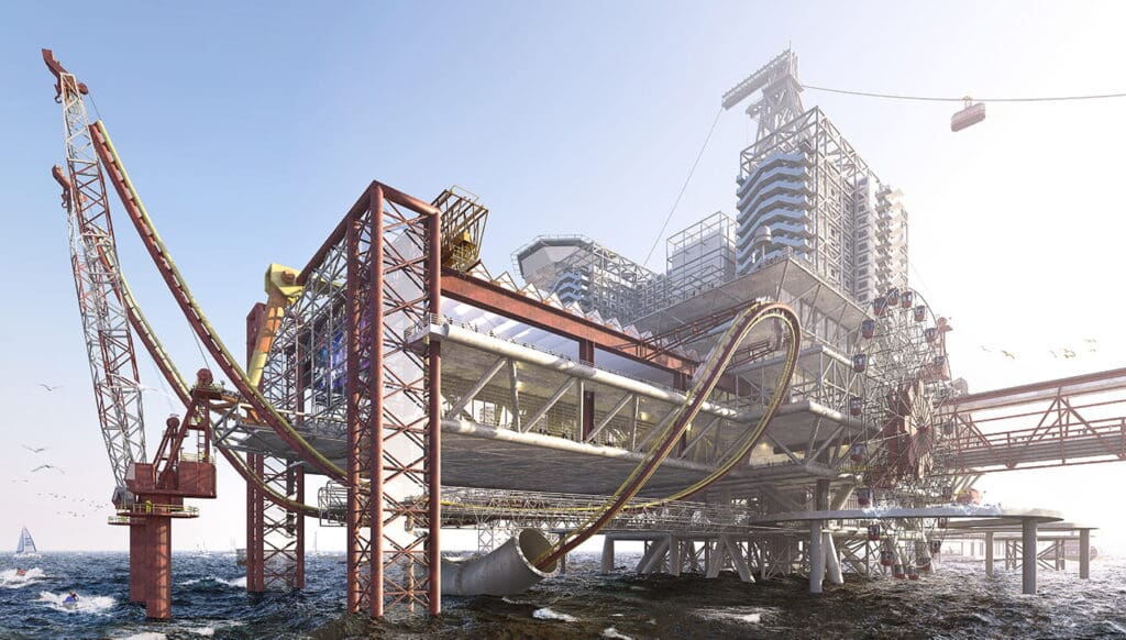 a large building with a slide in the water