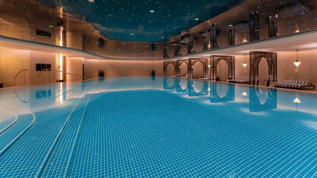 a indoor swimming pool with a blue tile floor