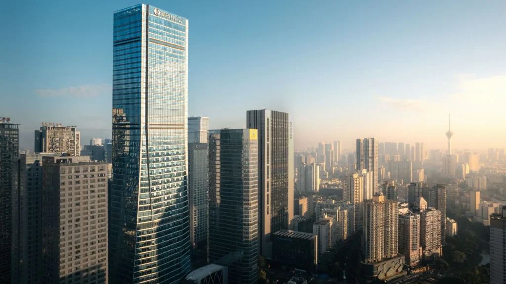 a group of tall buildings in a city