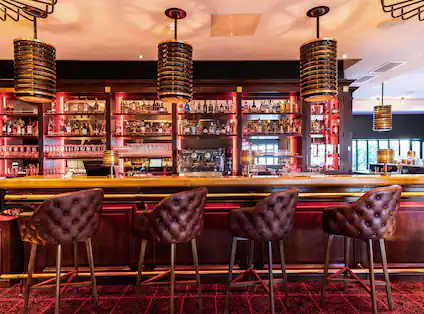 a bar with chairs and shelves with bottles